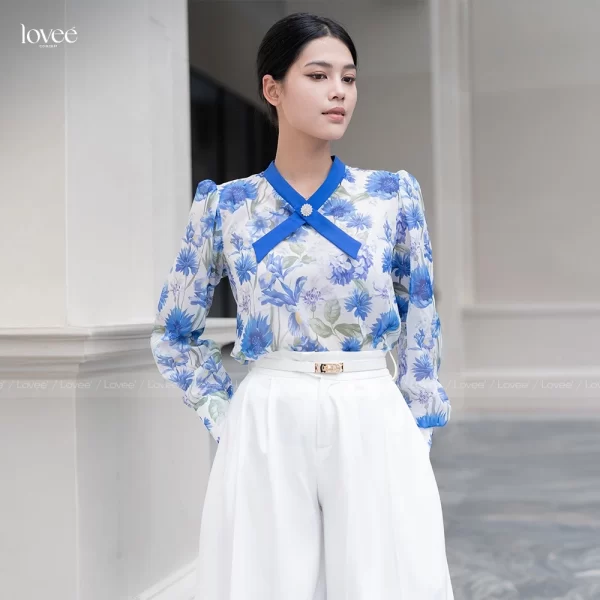 Áo sơ mi hoa, đáp cổ đính đá Floria xanh coban by Loveé